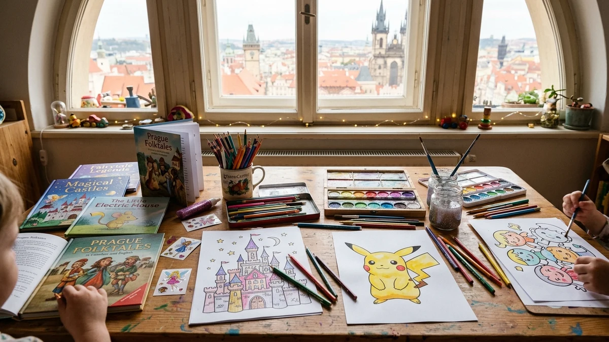 Omalovánky pohádky k vytisknutí — Elsa, Pikachu a Stitch u kouzelného zámku s pastelkami